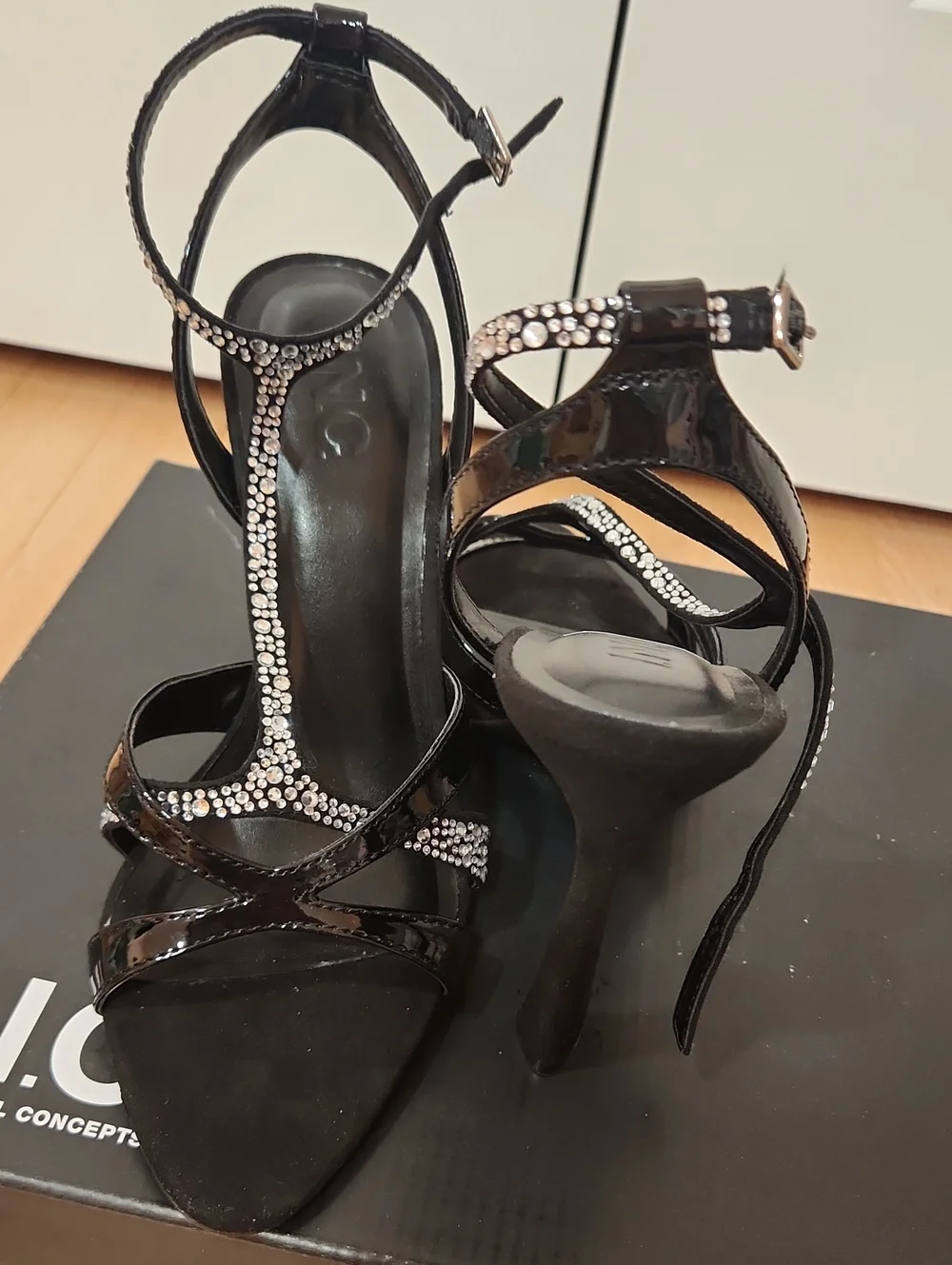 I.N.C. Black Strappy Rhinestone T‑Strap High Heel Sandals